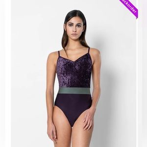 Micah nylon crushed velvet eggplant colored leotard